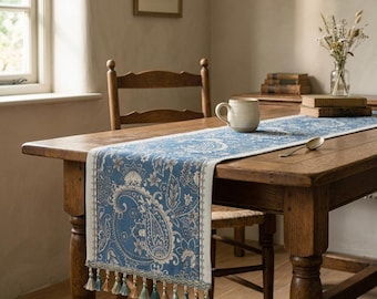 Blue Floral Table Runner with Tassels, Vintage Paisley Cotton-Linen Blend Decor