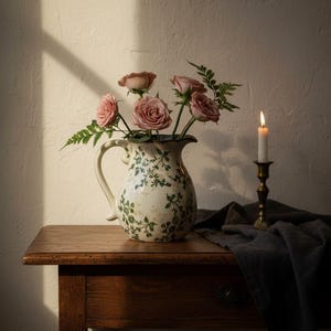 Green Floral Ceramic Jug Vase | Cottagecore Botanical Pitcher
