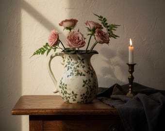 Green Floral Ceramic Jug Vase | Cottagecore Botanical Pitcher