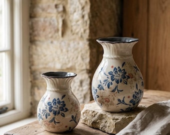 Ceramic Blue Floral Jug Vase, Vintage Cottagecore Farmhouse Pitcher
