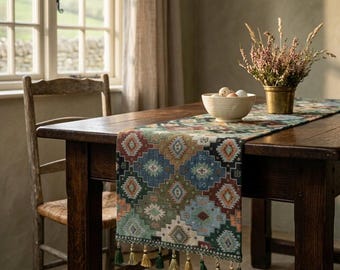 Boho Geometric Table Runner | Kilim Style Tapestry with Tassels | Tribal Inspired Dining & Console Decor