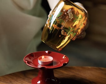 Vintage Floral Glass Candle Holder, Painted Swallow, Housewarming Gift, Crimson Red / Forest Green