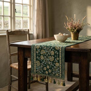 May include: A dark green table runner featuring a floral design in yellow and blue, finished with tassels. It's laid on a dark wooden table, alongside a bowl of eggs and a vase of dried flowers. A wooden chair and window are visible in the background.