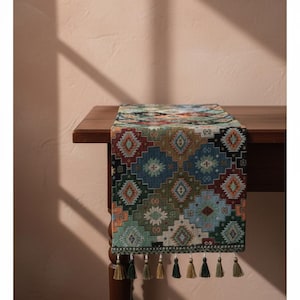 Boho Geometric Table Runner | Kilim Style Tapestry with Tassels | Tribal Inspired Dining & Console Decor