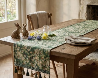 Spring Floral Table Runner | Woven Tapestry with Tassels, Spring Decor