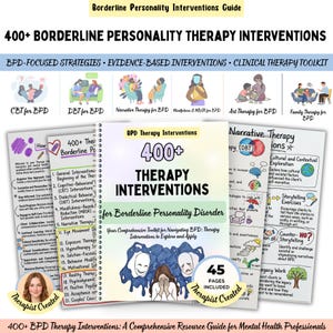 以下が含まれることがあります： 400+ Therapy Interventions for Borderline Personality Disorderというタイトルのスパイラル綴じセラピーワークブック。表紙には2つの演劇用マスクと顔を覆う人物が描かれており、45ページ構成でtherapist createdというテキストが含まれています。