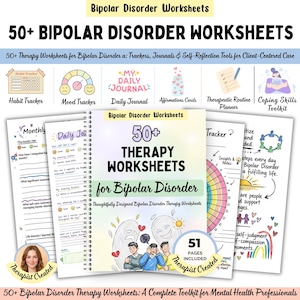 May include: A collection of 50+ Bipolar Disorder therapy worksheets featuring a spiral-bound cover with illustrations of people, hearts, and a sun. The set includes habit trackers, mood trackers, daily journals, affirmation cards, and planners.