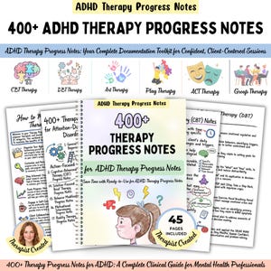 Anteckningar om ADHD-terapiframsteg, anteckningar om KBT-, DBT-sessioner, dokumentationspaket om psykisk hälsa, ADHD-rådgivningsanteckningar för terapeuter och rådgivare