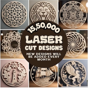 Könnte beinhalten: Eine Sammlung lasergeschnittener Holzdesigns, darunter ein Löwe, ein Schiff und florale Muster. Das Bild zeigt eine Vielzahl kreisförmiger Designs mit komplizierten Details. Der Text in der Mitte lautet: "15,50,000 LASER CUT DESIGNS. NEW DESIGNS WILL BE ADDED EVERY MONTH."