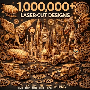 May include: A detailed illustration featuring laser-cut designs with the text "1,000,000+ LASER-CUT DESIGNS". The image showcases a steampunk theme with airships, cars, a motorcycle, a lion, a dragon, an owl, and gears. The color palette is primarily gold and brown.