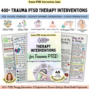 Pode incluir: Um guia de terapia encadernado em espiral intitulado 400+ Therapy Interventions for Trauma PTSD. A capa mostra uma pessoa com a cabeça entre as mãos, rodeada por símbolos caóticos. Inclui 45 páginas de estratégias clínicas.