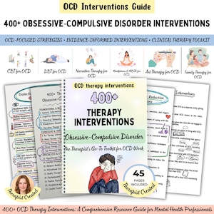 May include: A spiral-bound OCD Interventions Guide featuring 400+ therapy interventions for obsessive-compulsive disorder. The cover displays a person with their head in their hands, surrounded by pages detailing clinical strategies, evidence-informed techniques, and a therapist-created toolkit with 45 pages included for mental health professionals.