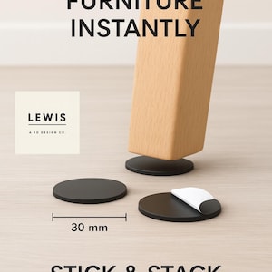 May include: Black, ultra-thin furniture wobble fix pads, 30 mm in diameter, shown with a wooden furniture leg. Text reads "FIX WOBBLY FURNITURE INSTANTLY" and "STICK & STACK ULTRA-THIN WOBBLE FIX".