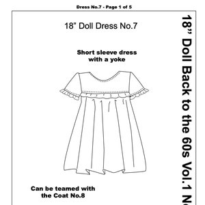 Könnte beinhalten: Eine Schwarzweiß-Zeichnung eines Kleidermusters für eine 45,7 cm große Puppe. Das Kleid hat einen Joch und kurze Ärmel. Der Text "18" Doll Back to the 60s Vol.1 No.7" befindet sich auf der rechten Seite des Bildes.
