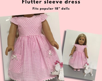 Gingham Midi Dress, Butterfly sleeves, Fits Popular 18" and 20" Dolls, Valspierssews doll clothes pattern