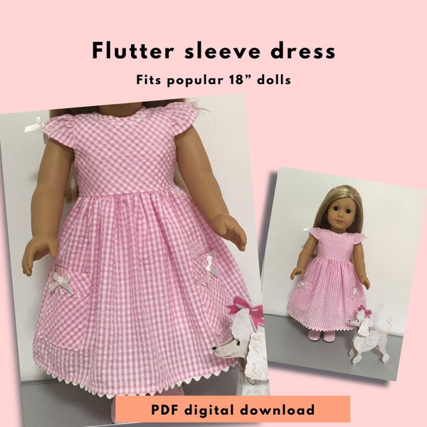 Gingham Midi Dress, Butterfly sleeves, Fits Popular 18" and 20" Dolls, Valspierssews doll clothes pattern