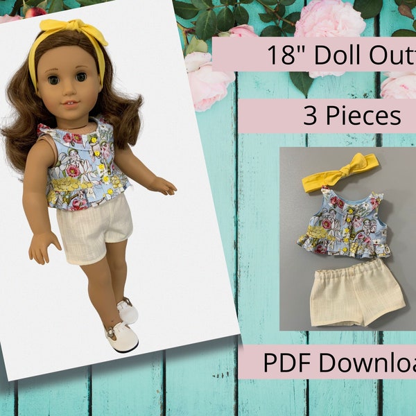18" Doll Summer Outfit 1, Ruffle blouse, play shorts and headband, Fits popular 18" dolls, Pattern by Valspierssews, PDF Instant Download