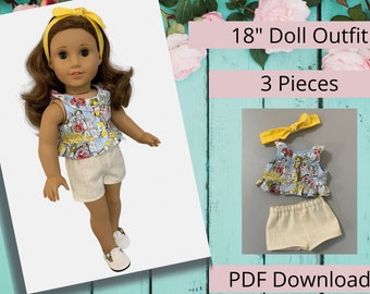 18" Doll Summer Outfit 1, Ruffle blouse, play shorts and headband, Fits popular 18" dolls, Pattern by Valspierssews, PDF Instant Download