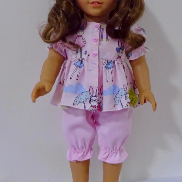 1853 Summer Pyjamas or cute top or dress, Shortie top, Nightie, Bloomers and Capris pants, Easy to Sew, Fits Popular 18" Dolls