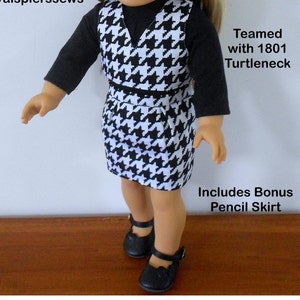 May include: A black and white houndstooth dress with a black turtleneck and black shoes. The dress has a V-neck and a black belt. The text "Teamed with 1801 Turtleneck" and "Includes Bonus Pencil Skirt" is visible in the image.