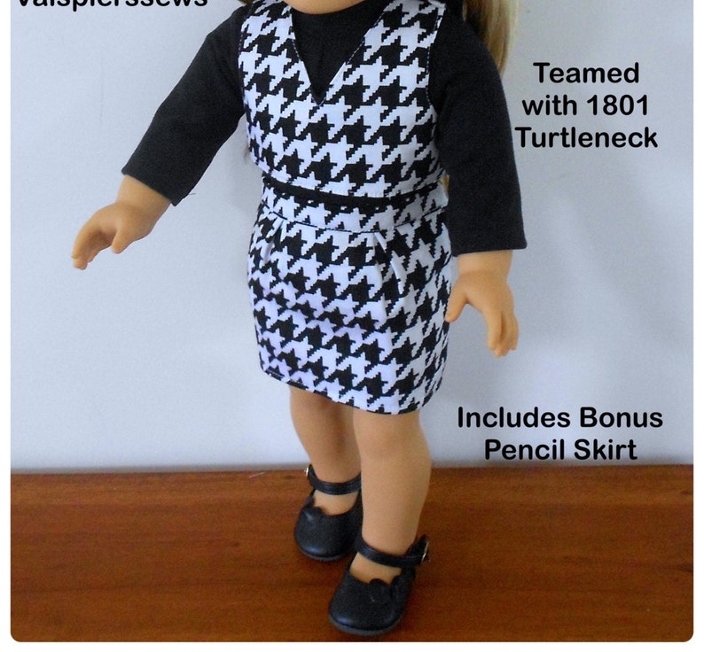 May include: A black and white houndstooth dress with a black turtleneck and black shoes. The dress has a V-neck and a black belt. The text "Teamed with 1801 Turtleneck" and "Includes Bonus Pencil Skirt" is visible in the image.