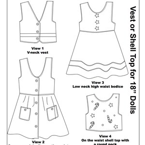 May include: A black and white line drawing of four different sewing patterns for a vest or shell top for 18-inch dolls. The patterns include a V-neck vest, a scoop neck bodice, a low neck high waist bodice, and a round neck shell top. The text "1805 Vest or Shell Top for 18" Dolls" is on the right side of the image.
