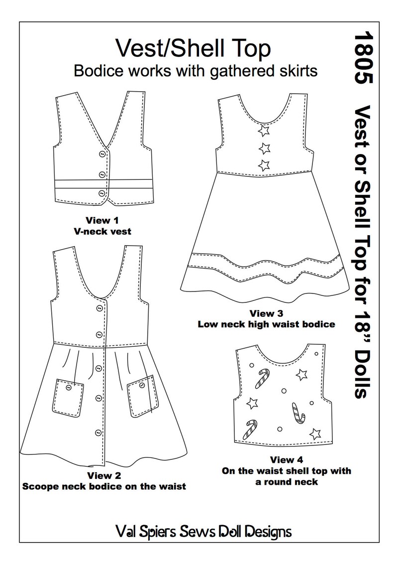 May include: A black and white line drawing of four different sewing patterns for a vest or shell top for 18-inch dolls. The patterns include a V-neck vest, a scoop neck bodice, a low neck high waist bodice, and a round neck shell top. The text "1805 Vest or Shell Top for 18" Dolls" is on the right side of the image.