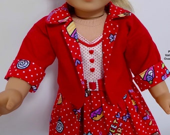May include: A red jacket with white polka dots and a red dress with a white polka dot and colorful sweet treat print. The dress has a white top with red hearts and a rhinestone belt. The jacket has colorful sweet treat print on the cuffs.