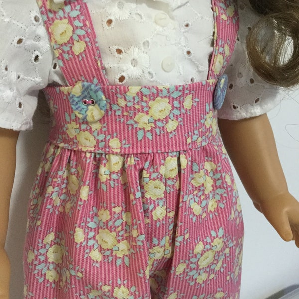 Rompers with a high waist band and suspender straps, Fits popular 18" dolls