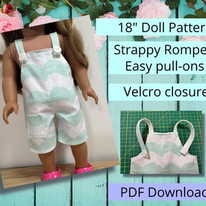 18" docksparkdräkt eller playsuit dockkläder pdf-mönster för nedladdning, söta, enkla nybörjare eller erfarna syare och hobbysömnad, tidlösa overaller