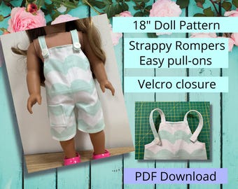 18" doll rompers or playsuit doll clothes pdf pattern download, cute, easy beginner or experienced makers & hobby sewing, Timeless overalls