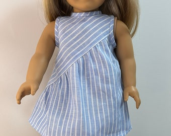 Gathered Angle front dress for stripes and checks, Pattern by Valspierssews, fits popular 18" dolls