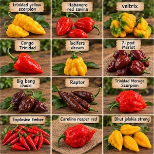 12 verschiedene Paprikasorten: Raptor, C. Reaper Red, Veltrix, 7-Pod Merlot, Bhut Jolokia Strong und Trinidad Moruga Scorpion. Mindestens 10 Samen.