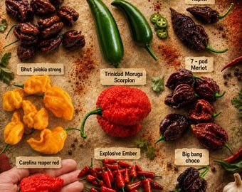 Neuf variétés de graines de piment : Raptor, C. reaper rouge, C. reaper chocolat, 7 pod Merlot, Bhut Jolokia Strong et Trinidad Moruga Scorpion. Minimum 10 graines.