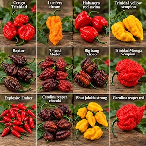Puede incluir: Una cuadrícula de doce variedades de chiles etiquetadas con sus nombres: Congo Trinidad, Lucifers dream, Habanero red savina, Trinidad yellow scorpion, Raptor, 7-pod Merlot, Big bang choco, Trinidad Moruga Scorpion, Explosive Ember, Carolina reaper chocolá, Bhut jolokia strong y Carolina reaper red.
