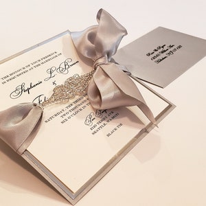 Luxury Silver Wedding Invitation with Rhinestone Band & Statement Bow | Custom Handcrafted Cards | USA Made