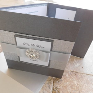Silver | Black Glitter Trifold Pocketfold Wedding Invitation Suite | 3 Inserts + Printed Envelopes | Physical Sample Available l USA Made