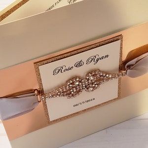 Rose Gold Pocketfold Wedding Invitation with Mirror like Band and Rhinestone Connector | Includes RSVP Card and Envelopes | USA Made