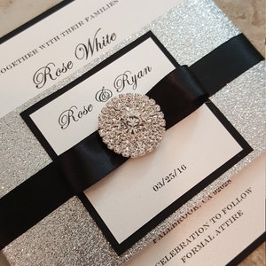 Silver and Black Glamorous Bling Wedding Invitation l Sparkling Jewel Monogram | Elegant Formal Invite l USA Made