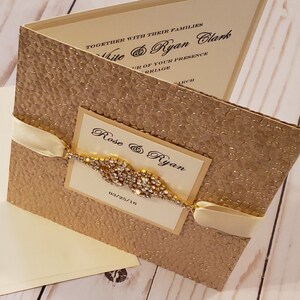 Luxury Embossed Pocketfold Wedding Invitation in Champagne with Rhinestone Connector / Real Folded Card w Pocket /Bilingual / USA Made