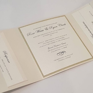 Luxury Ivory and Gold Pocketfold Wedding Invitation | Tri-Fold Suite with 3 Inserts and Printed Envelopes  |  USA Made l Ships Worldwide