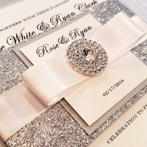 Silver and Blush Glamorous Bling Wedding Invitation l Sparkling Jewel Monogram | Elegant Formal Invite l USA Made
