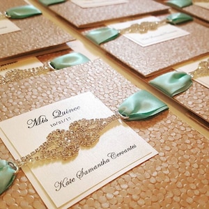 Embossed Tiffany Blue Pocketfold Wedding Invitation | Rhinestone Accent | Bilingual | Quinceañera | USA Made | Ships Worldwide