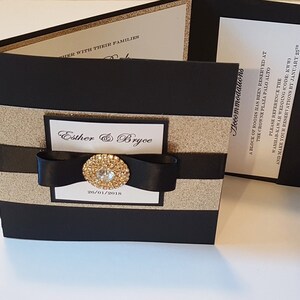 Black and Gold Trifold Pocketfold Wedding Invitation |  Luxury Suite with 3 Inserts & Printed Envelopes | Glam Elegant Style l USA Made
