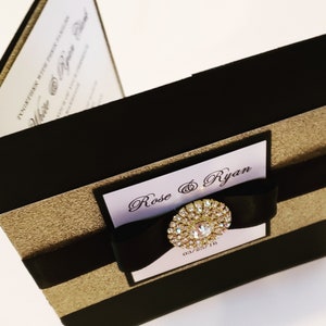 Black & Gold Glitter Wedding Invitation | Folded Card with Rhinestone Brooch | Glamorous Luxury Suite for Elegant Events l USA Made
