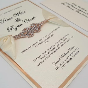 Luxury Ivory and Gold Mirror Wedding Invitation Suite with Statement Rhinestone Embellishment l Custom Ribbon | Bilingual l USA Made