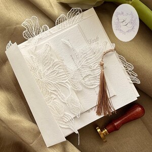 Conjunto de invitaciones de boda de encaje veneciano / Invitación de boda romántica de encaje / Invitación elegante vintage con apliques imagen 4