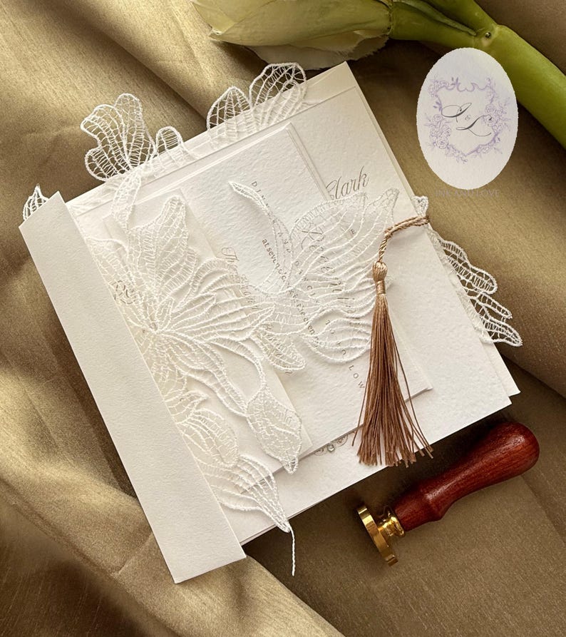Conjunto de invitaciones de boda de encaje veneciano / Invitación de boda romántica de encaje / Invitación elegante vintage con apliques imagen 4
