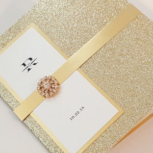 Glamorous New York Gold Glitter Wedding Invitation with Jewel & RSVP | Made in USA | Ships Worldwide l USA Made l  Ships Worldwide