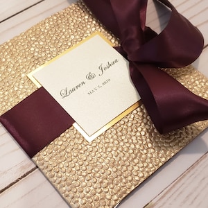Champagne Gold Foil Wedding Invitation with Eggplant Ribbon | Elegant Card for Wedding, Quinceañera, or Corporate Events l USA Made